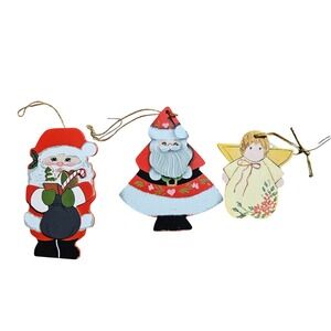 Lot of 3 Vintage 1995 Hand Painted Wood Christmas Ornaments Santa and Angel